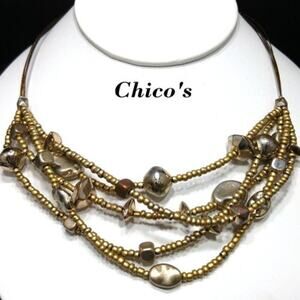 Chico's Gold Bead Bronze Wire Necklace, 5 Strands, Metallic Beads, 20 Inches
